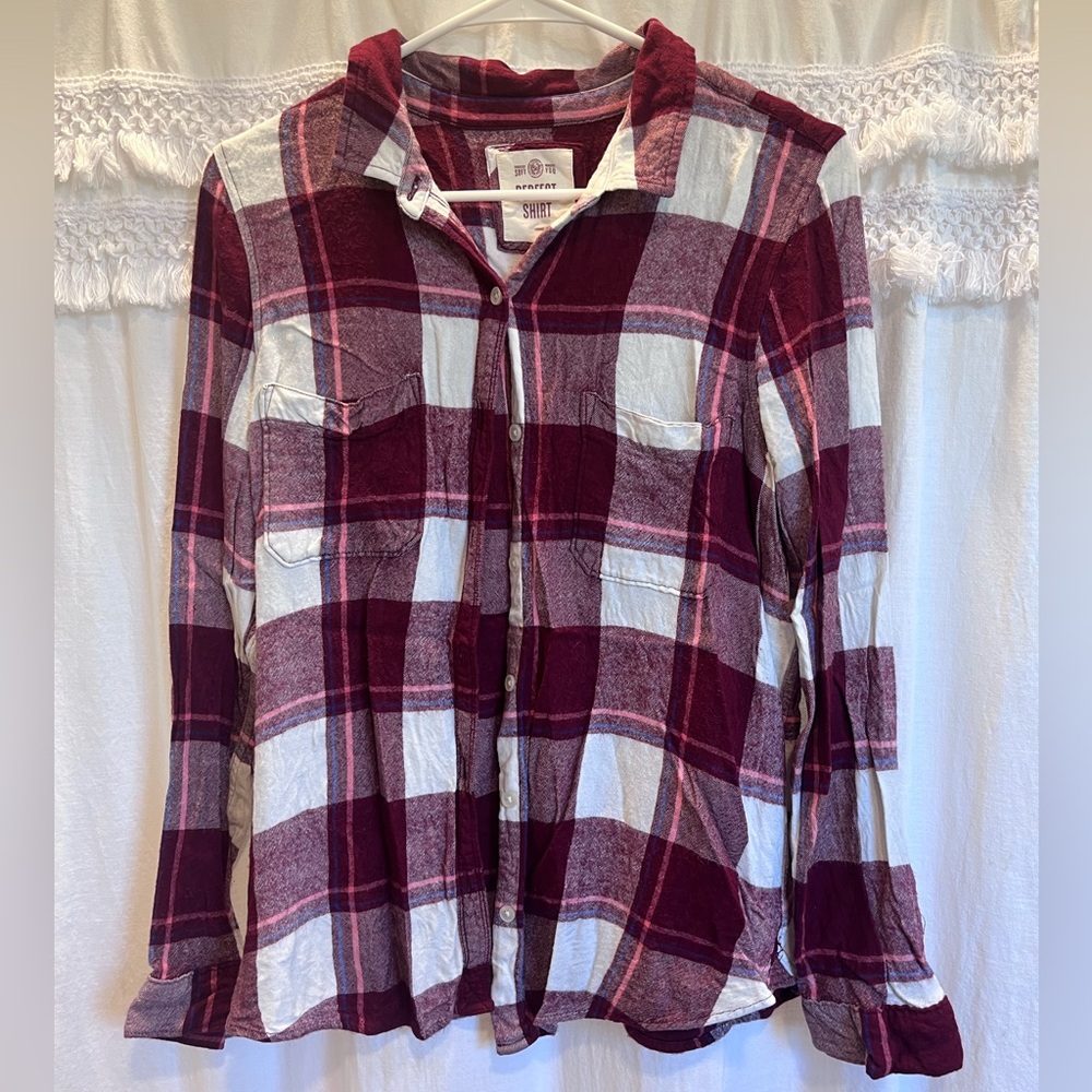 SO Women's Plaid Button Down Shirt - Red and White